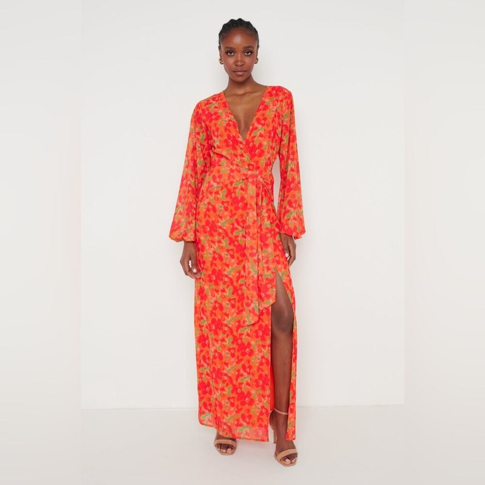 PRETTY LAVISH Alexis Knot Drape Dress Red Orange‎ Floral